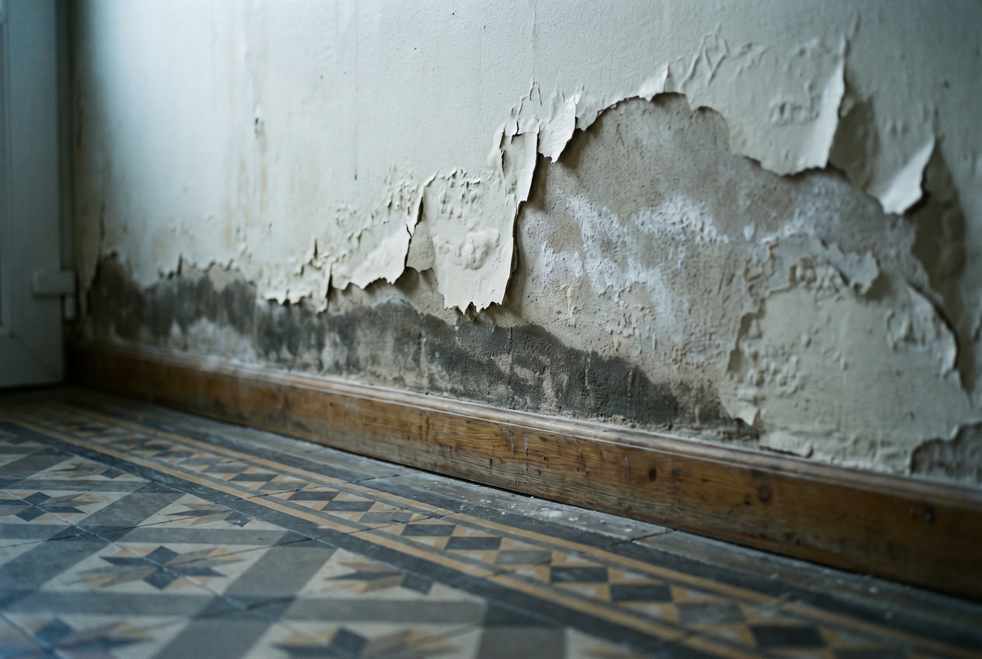 Bas de mur avec auréole d'humidité et peinture cloquée, illustration