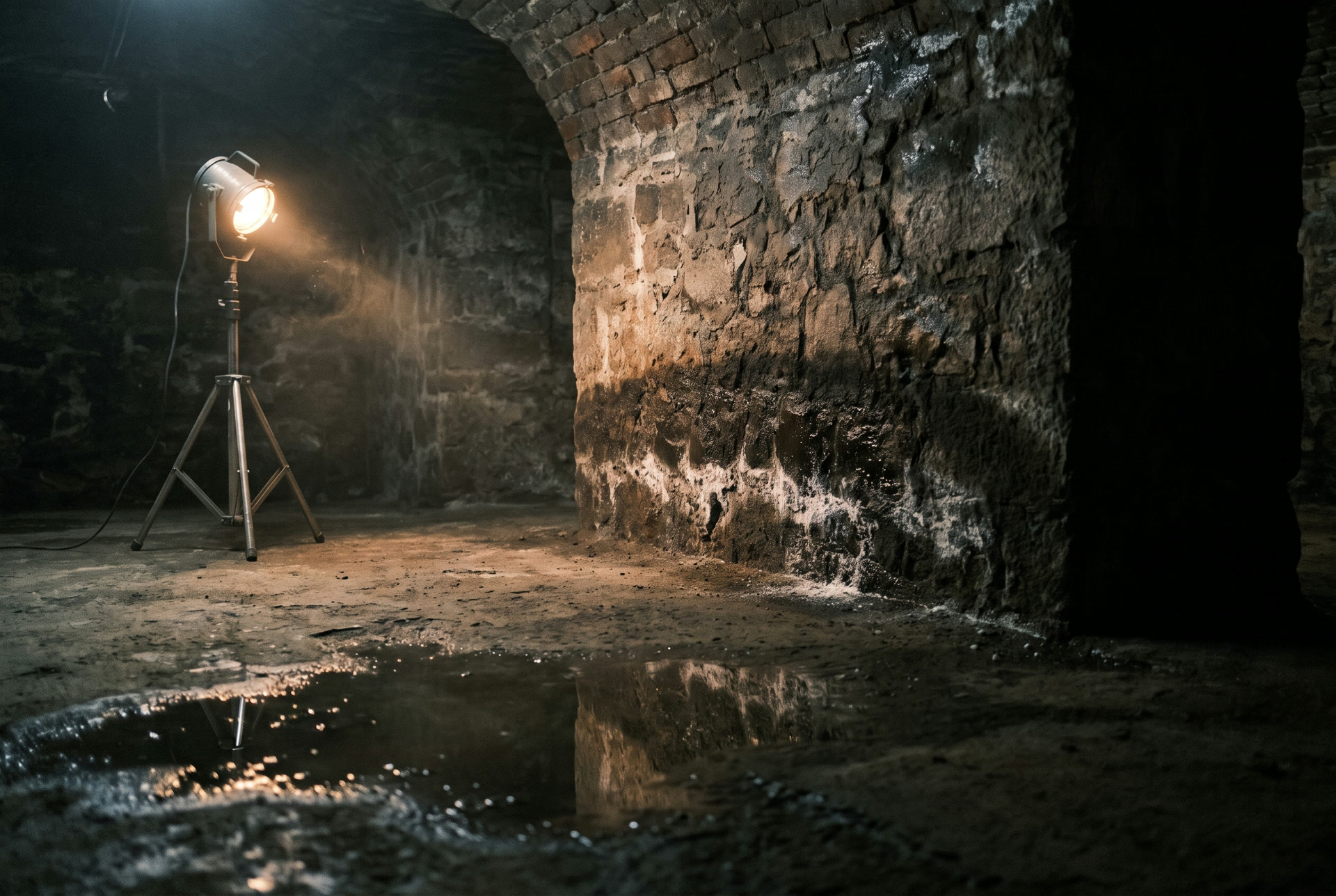 Cave en brique humide avec une flaque, illustration